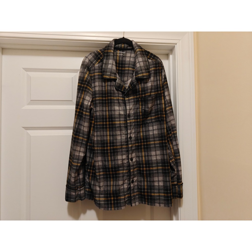 Cuddl‎ Duds Womens Grey Yellow Plaid Fleece Pajama Top Button Front L CD8028094